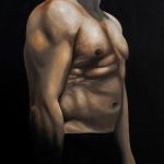 דיוקן עצמי עם סקלפל Ziv Lenzner oil on canvas 100x50cm שמן על בד Self portrait with a scalpel