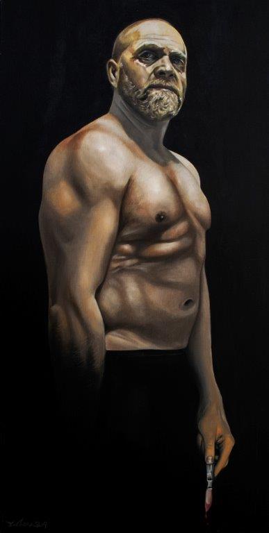דיוקן עצמי עם סקלפל Ziv Lenzner oil on canvas 100x50cm שמן על בד Self portrait with a scalpel
